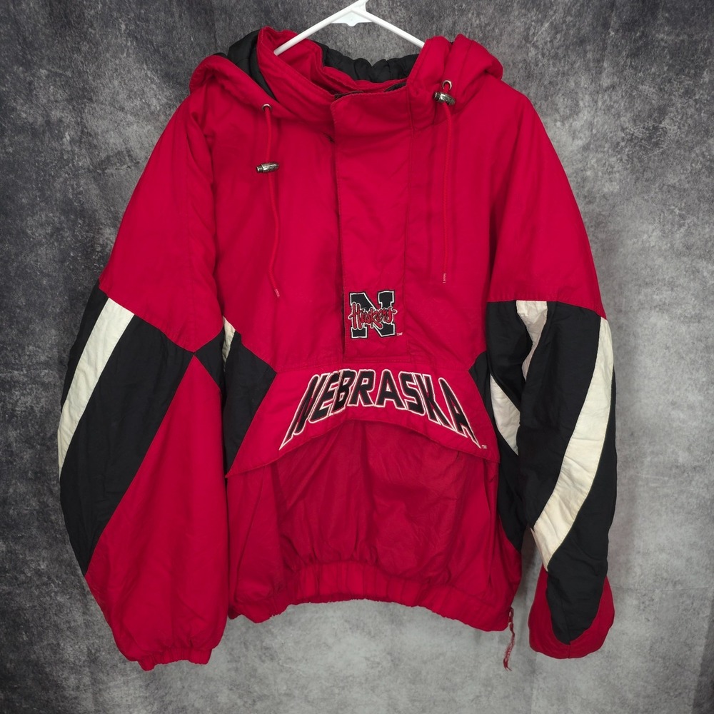 Vintage Nebraska Corn Huskers Starter Jacket Mens XL Rare Hooded Kangaroo Pouch